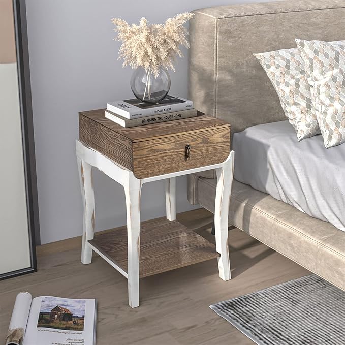 COSIEST Rustic Nightstand, 2-Tier Farmhouse Bedside Table, Wood Accent End Table with Storage Drawer and Open Display Shelf for Bedroom Nursery Living Room(Walnut)-Ruum Studio Home
