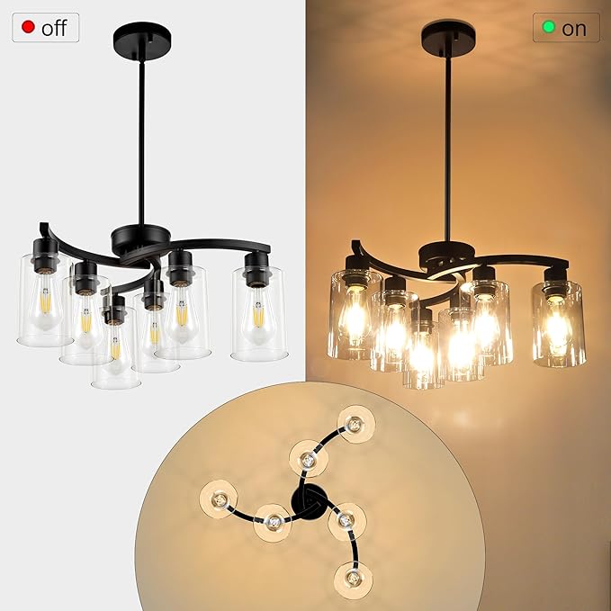 6 Light Modern Farmhouse Chandelier，Black Dining Room Light Fixture，Kitchen Pendant Lights Over Island with Glass Shade-Ruum Studio Home