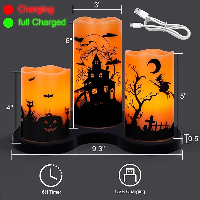 Wondise Halloween Rechargable Flickering Flameless Candles with 6H Timer, Battery Operated LED Real Wax Candles with Charging Base Set of 3 Halloween Home Decoration Gifts(3 x 4 5 6 Inch)-Ruum Studio Home