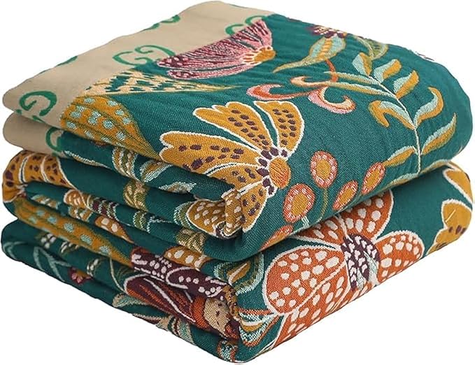 Fall Throw Blankets Reversible Luxurious Cotton Bed Throws with Vintage Bohemian Design & Yellow/Green Lightwight Floral Decor Blanket, Perfect as Bed Sofa Quilt 90" x 98"-Ruum Studio Home