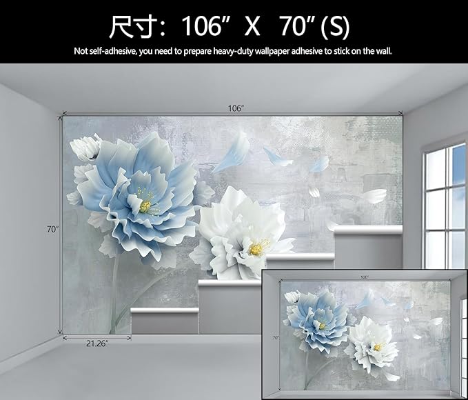 WFBHUA-Blue Floral Wallpaper Mural Modern Peony Flower Wallpaper Large 3D Art Living Room Bedroom Bathroom Wall Mural Decor (Not Peel and Stick)-Ruum Studio Home