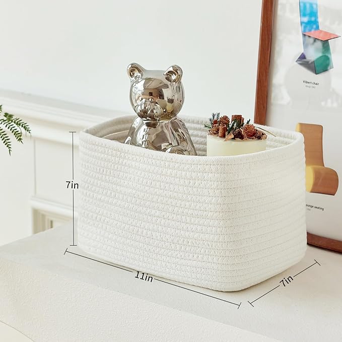 Small Cotton Rope Storage Basket Set of 3-11"x7"x7" Perfect Woven Baskets for Storage, Ideal Storage Baskets for Organizing Toys, Towels, and More - Baskets for Shelves and Home Decor（White）-Ruum Studio Home