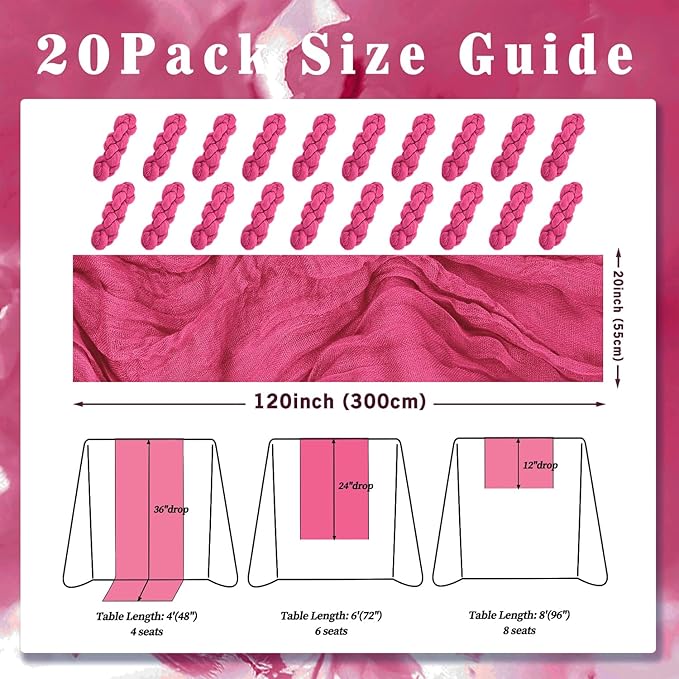 Hot Pink 20 Pack Cheesecloth Table Runner 10FT Boho Fabric Rustic Cheese Cloth Table Runner for Wedding 20 x 120 Inch Long Bridal Shower Baby Shower Gauze Sheer Birthday Party Table Decorations-Ruum Studio Home