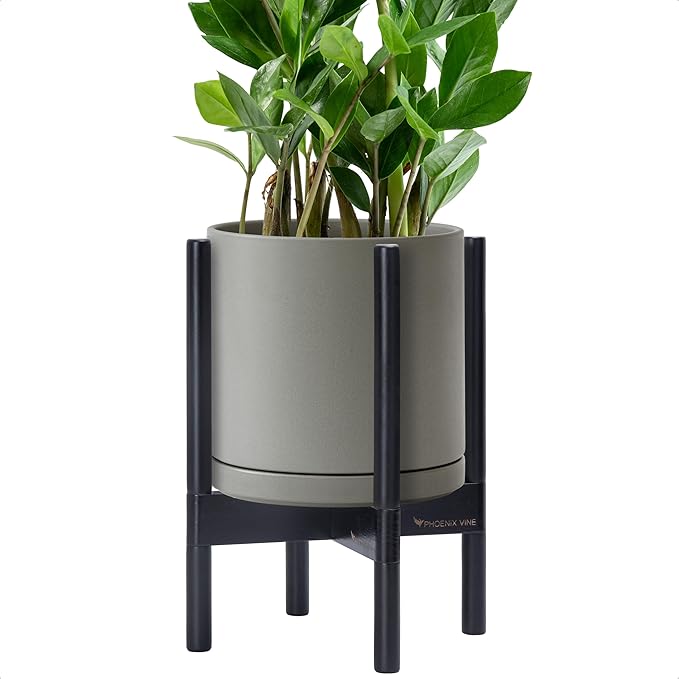 D'vine Dev Ceramic Planter with Ebony Stand - 10 Inch Modern Round Flower Pot with Wood Planter Holder, Grey, 55-B-L-3-Ruum Studio Home