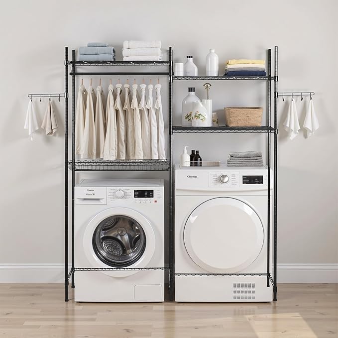 VEVOR Over The Washer and Dryer Storage Shelf, 4 Tier Laundry Room Drying Rack with Hanger Rod and Hooks, Adjustable Over Washer and Dryer Shelves, Laundry Room Shelf Storage Space Saver, Black-Ruum Studio Home