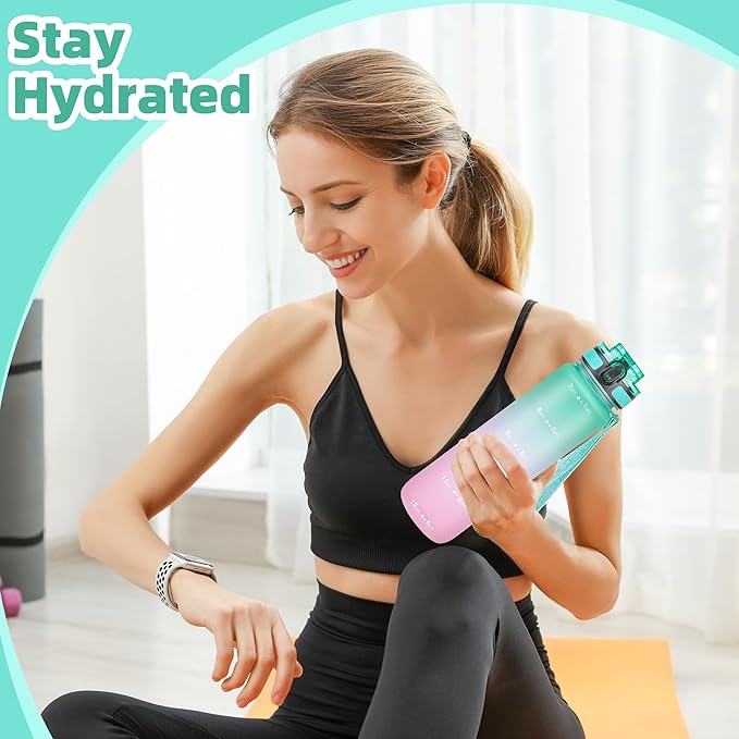OLDLEY 32 oz Water Bottle, Motivational Water Bottle with Time Marker, Sports Water Bottle With Strap, Leakproof & BPA Free Large Water Bottles for School, Gym, Travel, Outdoor, Tritan,Green&Pink-Ruum Studio Home