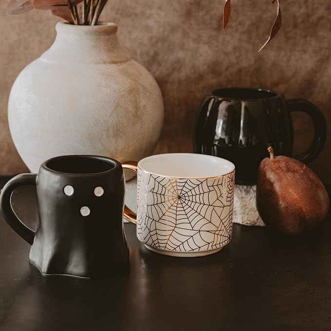 Sweet Water Decor Gold Spiderwebs Mug, 14oz Fine Bone China Coffee Cup with Gold Handle, Cute Halloween Decorations for Home, Spider Web Mug Fall Seasonal Decor, Spooky Season Gifts for Women-Ruum Studio Home