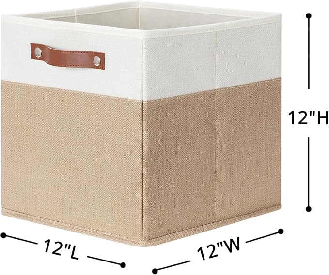 HNZIGE Fabric Storage Cubes, Cube Storage Bins 12 x 12, Set of 4, Decorative Storage Baskets for Shelves with Handles,Foldable Bins for Cube Shelf Organizer Home Toy Nursery Closet(Beige White)-Ruum Studio Home