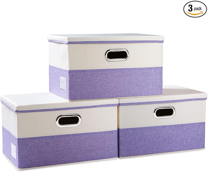 PRANDOM Large Foldable Storage Bins with Lids [3-Pack] linen Fabric Decorative Storage Boxes Organizer Containers Baskets Cube with Handles Divider for Bedroom Closet Purple&Cream(17.7x11.8x11.8)-Ruum Studio Home