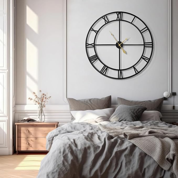 LEIKE 40 Inch Extra Large Modern Wall Clock, Oversize Rustic Round Nearly Silent Battery Operated, Black Metal Roman Numerals Wall Clocks for Living Room, Bedroom, Entrance Home Decor-Ruum Studio Home
