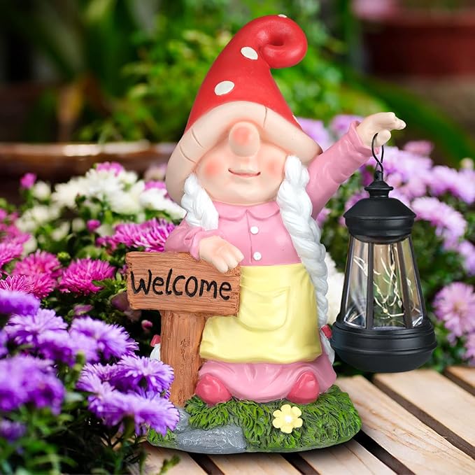 Solar Garden Gnome Statue Holding LED Lantern with Welcome Sign Outdoor Ornaments Waterproof Christmas Decoration for Outside Patio Yard Lawn Decor (Pink)-Ruum Studio Home