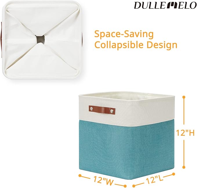 DULLEMELO Square Storage Cubes Baskets for Gifts Empty, 12 inch Cube Stroage Bins Linen Closet Organizers and Storage Baskets for Toy Nursery Shelves Bedroom Storage(4 Pack - 12" White&Teal)-Ruum Studio Home
