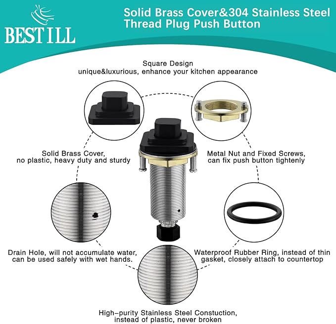 BESTILL Garbage Disposal Air Switch Kit, Square Raised Push Button Ideal for Long Nails, Cordless Sink Top Brass Switch for Food Waste Disposer, Matte Black, Compatible with all Garbage Disposals-Ruum Studio Home