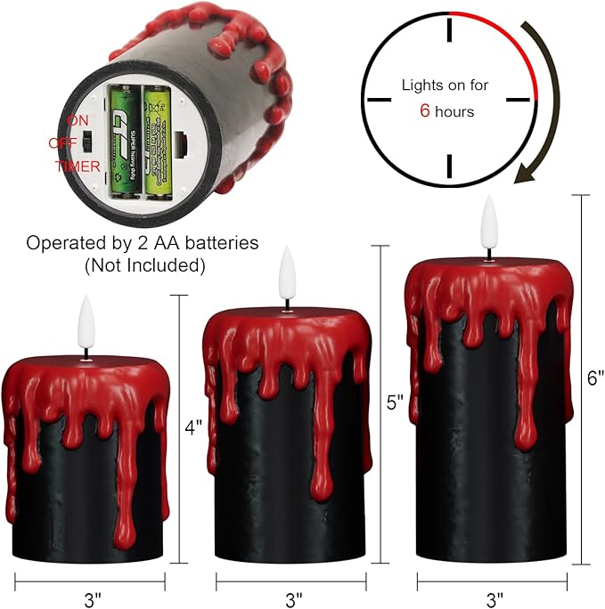 Wondise Halloween Flameless Candles with 6H Timer, Battery Operated Dripping Real Wax Black LED Pillar Candles 3D Wick Flickering Spooky Halloween Indoor Decoration (3 Pack, 3 x 4,5,6 Inches)-Ruum Studio Home