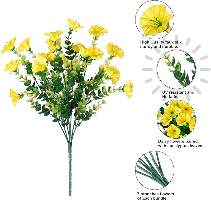 Artificial Mums for Outdoors Fake Fall Flowers Plants for Autumn Decoration, 12 Bundles Silk Morning Glory with Eucalyptus Look Real UV Resistant Yellow Faux Mums for Outside Planters Front Door Yard-Ruum Studio Home