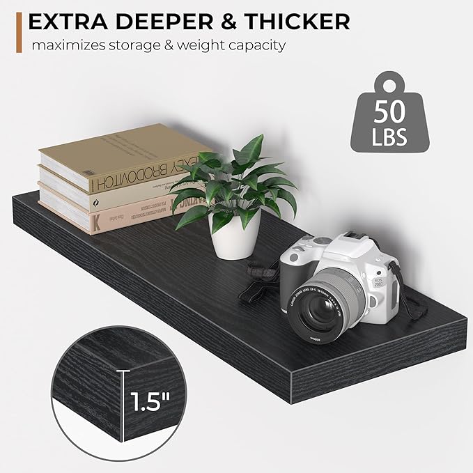 Floating Shelves - 2 Pack 9 Inch Rustic Wooden Wall Shelves - Extra Deeper & Thicker Wall Mounted Storage Shelf for Living Room, Kitchen, Farmhouse - 24" W x 9" D x 1.6" H - Rustic Black-Ruum Studio Home