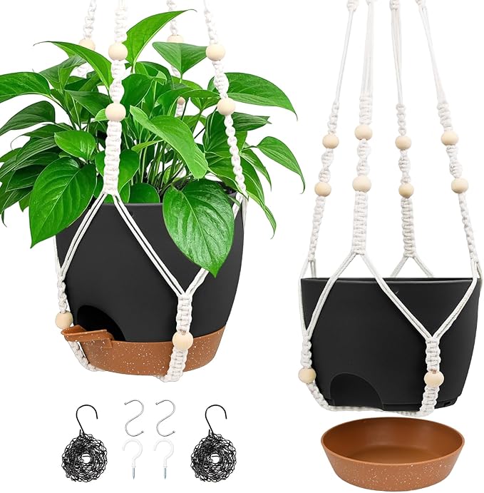 Hanging Planters for Indoor Outdoor Plants, 2 Pack Self Watering Hanging Pot with Drainage Holes, Removable Tray & 2 Kinds of Plant Hangers, 8'' Hanging Flower Pots for Home Garden Decor, Black-Ruum Studio Home