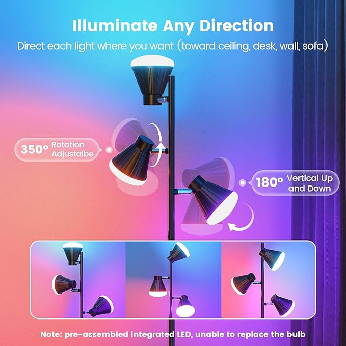 RGB Floor Lamp, 36W LED Dimmable Standing Lamp with 3 Swivel Lights, Color Changing Tall Lamp with Remote, Stepless Dimmable Modern Floor Lamps for Living Room, Bedroom, Gaming Room,Office-Ruum Studio Home