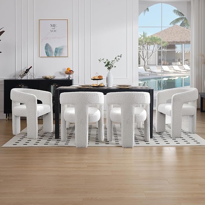 White Boucle Dining Chairs Set of 2, Modern Barrel Dining Room Chairs Upholstered Faux Fur Accent Chair with Arms and Round Back for Living Room Kitchen Armchair No Assembly Needed-Ruum Studio Home