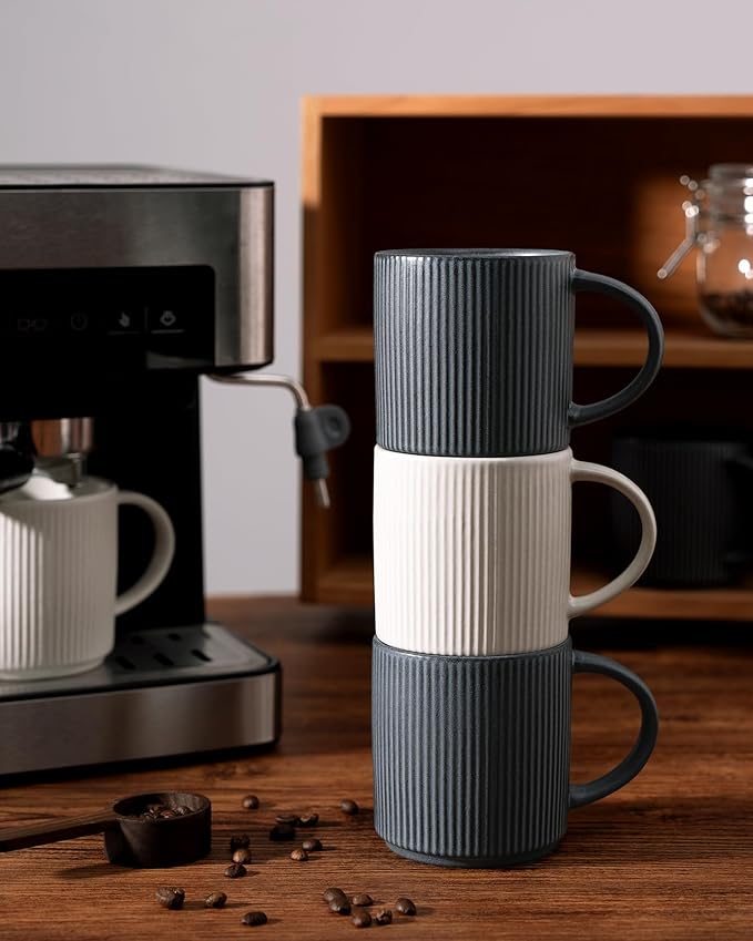 famiware Coffee Mug Set for 4, Star 12 oz Catering Mugs Cup Set with Handle for Coffee, Tea, Cocoa, Milk - Ceramic Stoneware Drinkware Set, Matte White + Matte Black-Ruum Studio Home