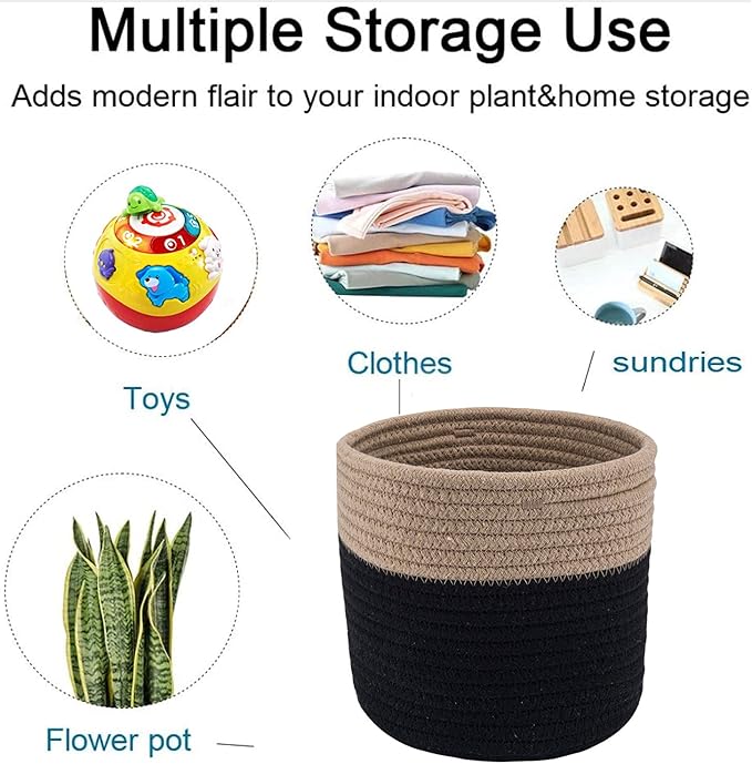Woven Cotton Rope Plant Basket for 6" Flower Pot Floor Indoor Planters Flower Pot,Home Decor Storage Organizer H6 3/4" x W6 1/2" Black&Brown-Ruum Studio Home