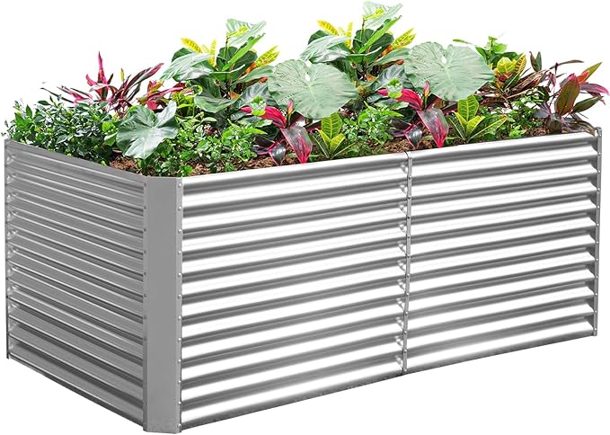 Land Guard 8x4x3ft Rectangular Galvanized Raised Garden Beds, Large-Capacity Metal Planter Box Outdoor, Durable Deep Raised Garden Bed 3ft Tall, Raised Beds for Gardening Vegetables, Classic Silver-Ruum Studio Home