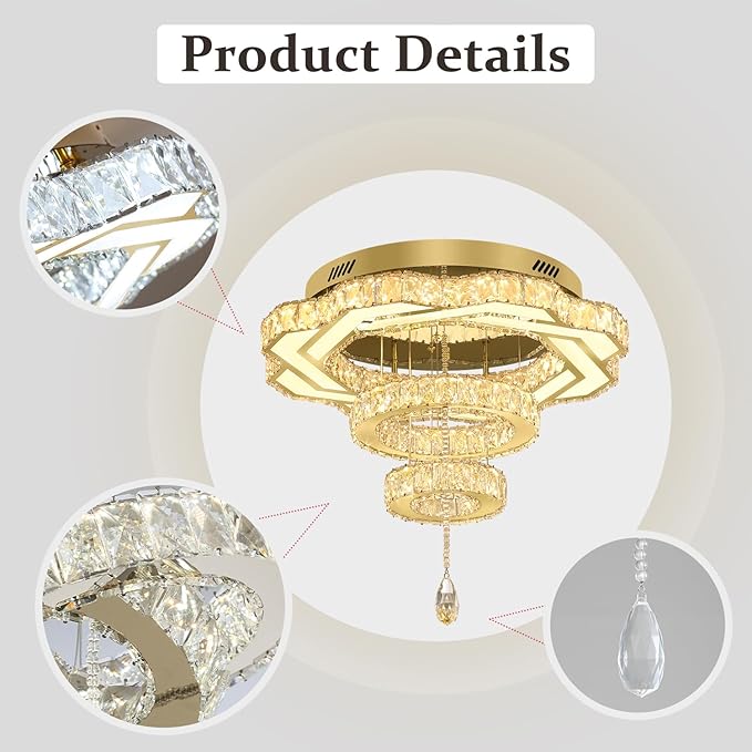 Flashing God Modern Crystal Chandeliers Dia 24" Gold Chandelier Flush Mount Ceiling Light for Bedroom Living Room Dining Room Hallway Dimmable 3 Rings LED Celing Lighting Fixtures-Ruum Studio Home