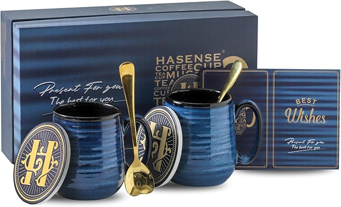 Hasense Coffee Mugs, 15 Ounce Porcelain Mugs Set of 2 with Handle for Morning Coffee Tea and Cocoa, Ceramic Coffee Cups Gift Box with Beautiful Glaze Coasters Spoons for Men and Women, Navy-Ruum Studio Home