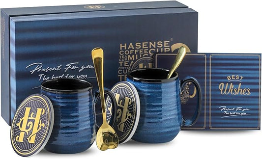 Hasense Coffee Mugs, 15 Ounce Porcelain Mugs Set of 2 with Handle for Morning Coffee Tea and Cocoa, Ceramic Coffee Cups Gift Box with Beautiful Glaze Coasters Spoons for Men and Women, Navy-Ruum Studio Home