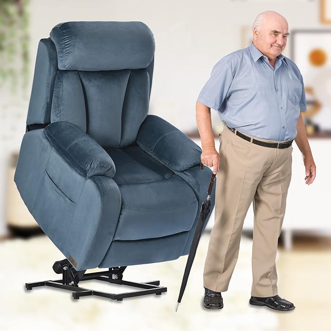 Power Lift Chair Recliners for Elderly, Modern Adult Power Lift Recliner, Velvet Upholstery Electric Lift Chair Recliner with Remote Side Pocket for Living Room(Navy Blue)-Ruum Studio Home