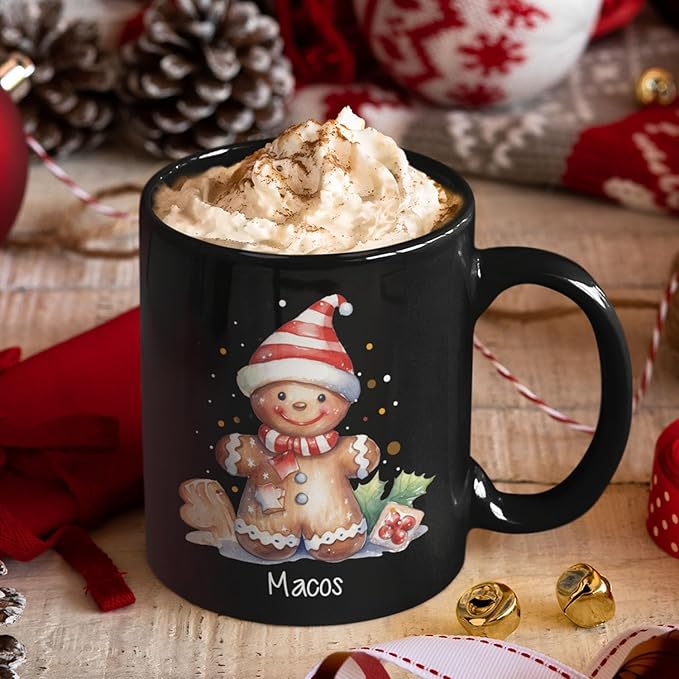 Watercolor Christmas Gingerbread Design Mug, Custom Gingerbread Lover Black Cup, Customized Christmas Coffee Mug With Name, Gift For Boy Girl, Personalized Gingerbread Lover Cup 11oz 15oz-Ruum Studio Home