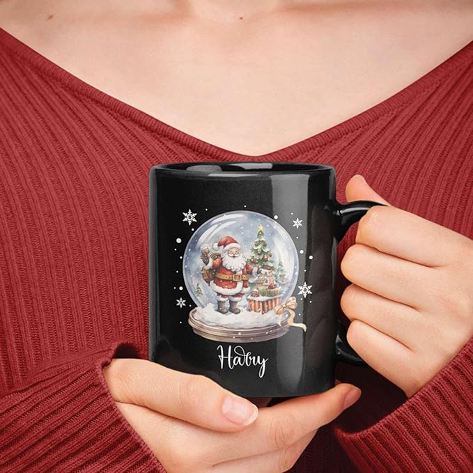 Custom Snow Ball Design Mug With Name, Personalized Black Cup 11oz 15oz, Snow Ball With Santa Claus And Christmas Tree Inside Design, Customized Christmas Themed Coffee Cup-Ruum Studio Home