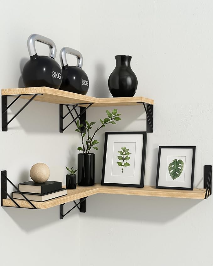 BAYKA Wall Shelves for Bedroom Decor, Floating Wall Shelves for Living Room Kitchen Storage, Wall Mounted Rustic Shelves for Kids Books, Corner Shelf for Bathroom(Carbonized Brown,Set of 4)-Ruum Studio Home