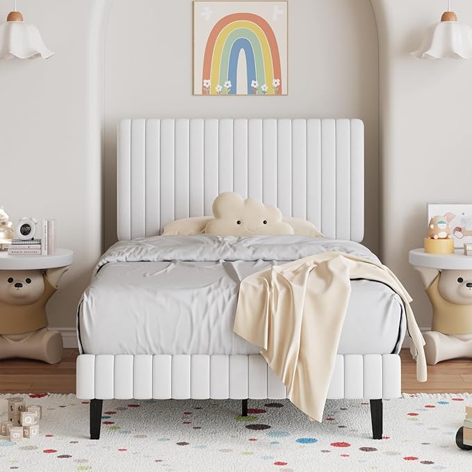 Twin Bed Frame, Velvet Upholstered Platform Bed with Vertical Channel Tufted Headboard and Footboard, No Box Spring Required, Easy Assembly, White-Ruum Studio Home
