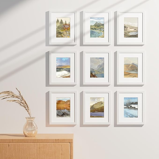 Vittanly 8x10 Picture Frames Set of 9, Shatter Resistant Plexiglass, Display 5x7 Pictures with Mat or 8x10 without Mat, Photo Frames for Wall or Tabletop, Engineered Wood, White-Ruum Studio Home