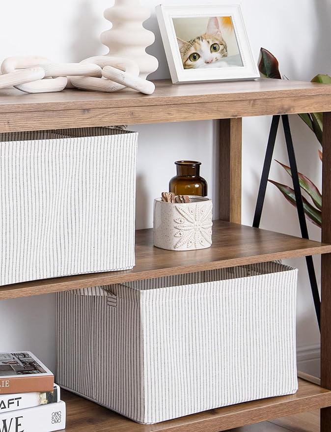 StorageWorks Storage Bins, Fabric Storage Bins for Shelves, Large Storage Baskets with Metal Frame, Closet Baskets and Bins with Handles, Gray and White Stripes, 2-Pack-Ruum Studio Home