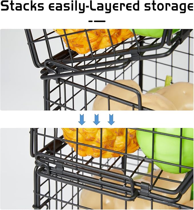 X-cosrack 2-Tier Stackable Wire Baskets for with Wood Lid, Wall Hanging Baskets for Potato and Onion Storage, Fruit Basket for Kitchen Counter, Metal Baskets for Snack Produce Cans-Ruum Studio Home