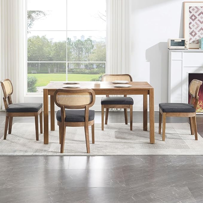 Rattan Dining Chairs Set of 4, Upholstered Linen Dining Room Chair with Cane Backrest Wooden Farmhouse Kitchen Chairs Armless Side Chair for Dining Room/Restaurant, Black-Ruum Studio Home