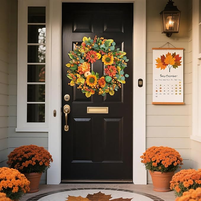 Fall Wreaths for Front Door 24 Inch Autumn Wreath with Sunflowers, Orange Dahlias, Maple Leaves & Berries – Fall Door Wreath for Outdoor or Indoor Thanksgiving Decor-Ruum Studio Home