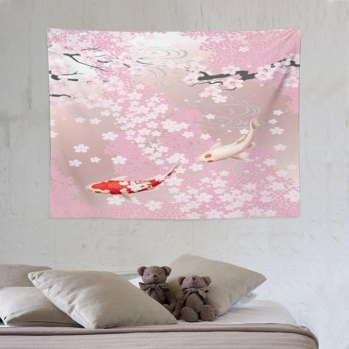 Houselerax Japanese Koi Fish Tapestry, Cherry Blossoms Asian Oriental Pink Flower Branch Koi Fish Carp Tapestries Wall Hanging for Bedroom Living Room Office Decor 40"x30"-Ruum Studio Home
