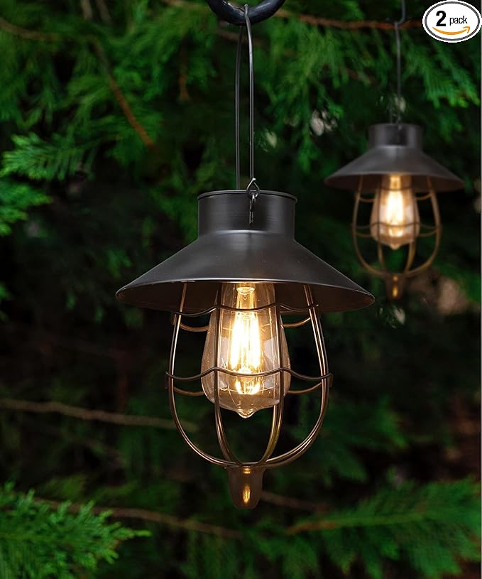 YAKii 2 Pack Solar Lantern Hanging Waterproof Outdoor Metal Solar Lamp with Warm White Light Decorate for Yard Garden Pathway Patio Porch Decor (Black)-Ruum Studio Home
