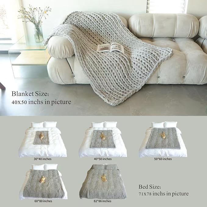 Maetoow Chenille Chunky Knit Blanket Throw （40×50 Inch）, Handmade Warm & Cozy Blanket Couch, Bed, Home Decor, Soft Breathable Fleece Banket, Christmas Thick and Giant Yarn Throws, White-Ruum Studio Home