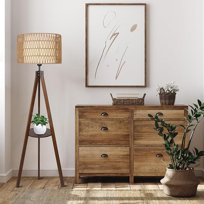 Boho Tripod Floor Lamp with Shelves, Mid Century Wood Standing Lamp with Rattan & Fabric Shades, ON/Off Foot Switch, Modern Farmhouse Tall Floor Lamps for Living Room Bedroom Office-Ruum Studio Home