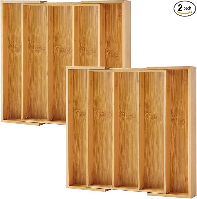 Purawood Kitchen Drawer Organizer, 2 Pack - Expandable Utensil Drawer Organizer for Kitchen, Cutlery Tray & Silverware Organizer, 3-5 Slots - Bamboo Organizer for Utensils & Flatware (Natural)-Ruum Studio Home