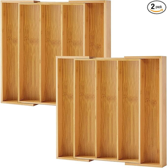 Purawood Kitchen Drawer Organizer, 2 Pack - Expandable Utensil Drawer Organizer for Kitchen, Cutlery Tray & Silverware Organizer, 3-5 Slots - Bamboo Organizer for Utensils & Flatware (Natural)-Ruum Studio Home