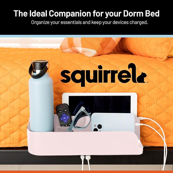 Squirrel Pink Bedside Perch for College Dorm Room Lofted Beds with USB-C & A Charging Ports, Teenage Gifts, Dorm Room Gifts, Gifts for college, fits most Hydro Flask, Oswala and Yeti bottles.-Ruum Studio Home