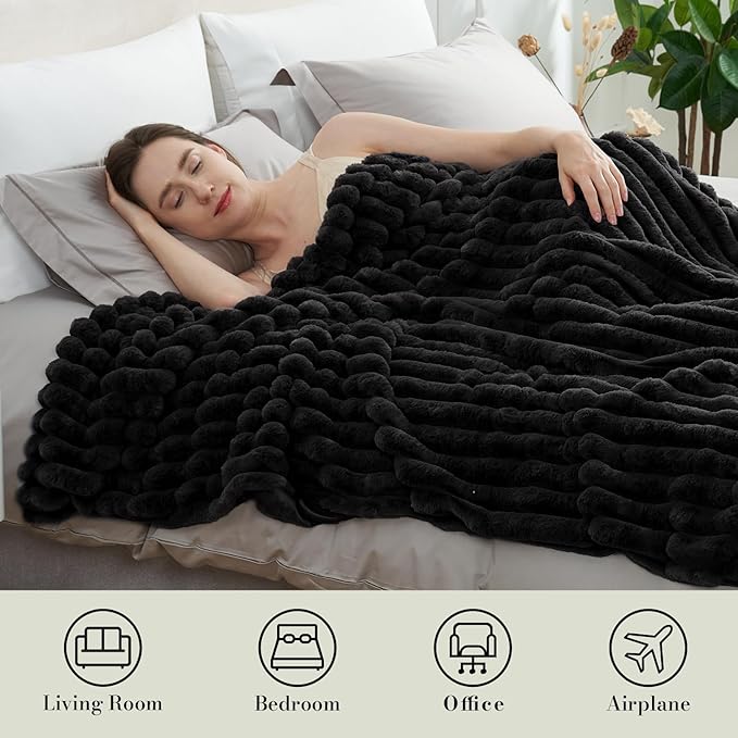 Amélie Home Faux Fur Throw Blanket for Couch, Cozy Fuzzy Fluffy Fur Luxurious Soft Striped Plush Gift Blankets for Family Sofa Chair Bed Living Room Bedroom, 55"x70", Black-Ruum Studio Home