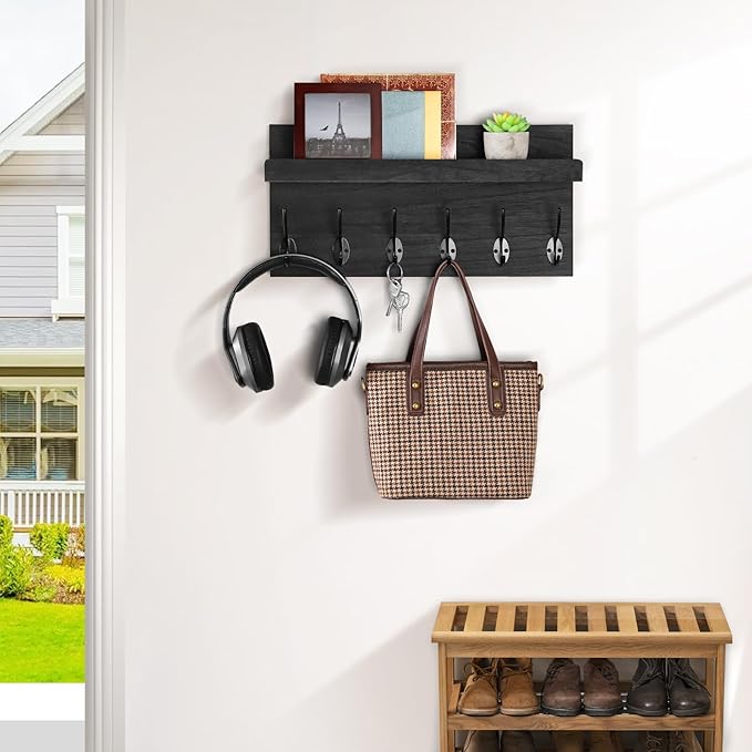 Shelf with Hooks, Coat Rack Wall Mount with 6 Double Metal Hooks, 17 Inch Farmhouse Wall Hooks with Shelf, for Entryway, Bathroom, Kitchen, Black-Ruum Studio Home