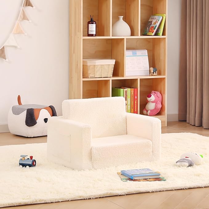 Toddler Chair Sherpa Kids Couch, 2-in-1 Soft Kids Sofa Lounger for Bedroom, Convertible Couch for Girls and Boys, Reading Chair, Beige-Ruum Studio Home