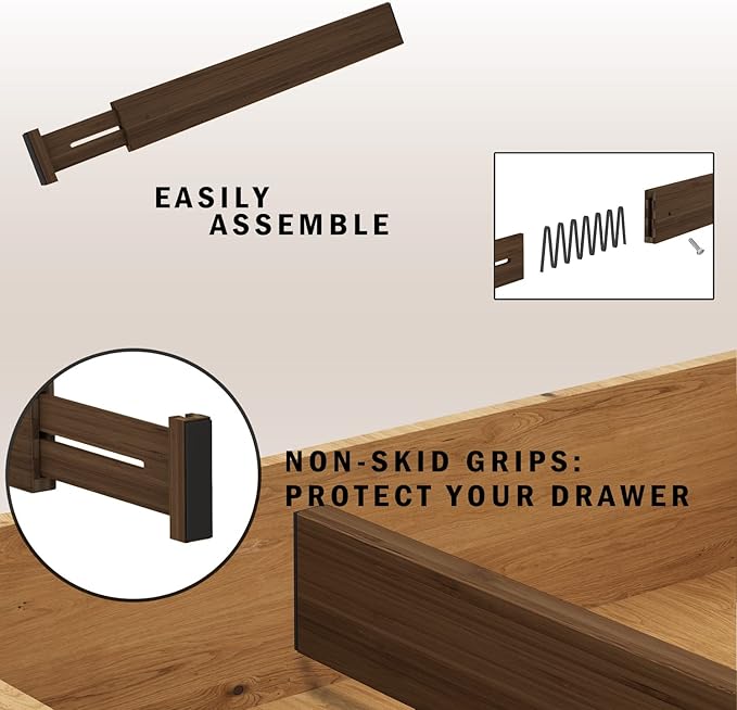 BAMEOS Drawer Divider,Expandable Bamboo Separators Adjustable Utensil Knife Fork Tool Kitchen Organizer, Clothes Fabric Drawer Organizer In Bathroom Bedroom Office, Cabinet Dresser Organizer 4-pack-Ruum Studio Home